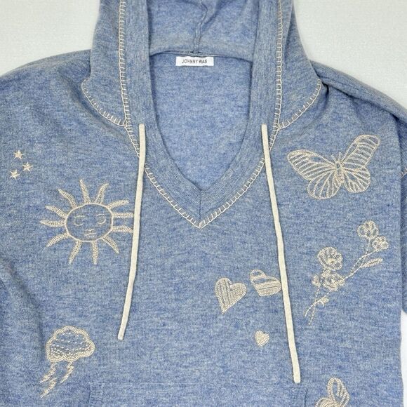 Johnny Was Sovanna Baja 100% Cashmere Embroidered Hoodie Blue Large Boho - Picture 4 of 16